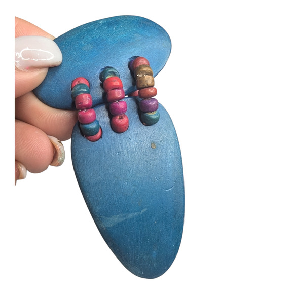 Vtg 60s Mod Chunky Blue Wooden Dangle Drop Statement Earrings Multicolor Beads - Picture 6 of 7